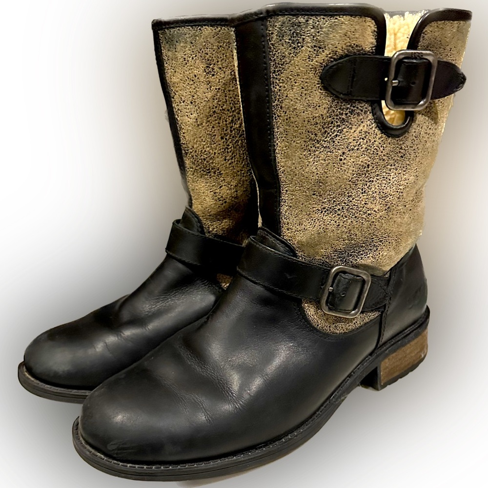 UGG BOMBER SHEARLING LEATHER BOOTS SZ 8 BLACK TAN DISTRESSED LAMB WARM WINTER